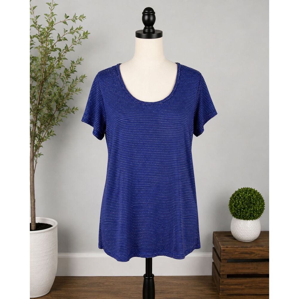 LuLaRoe Womens XL Blue Silver red Stripe Scoop Neck Short Sleeve Top Shirt